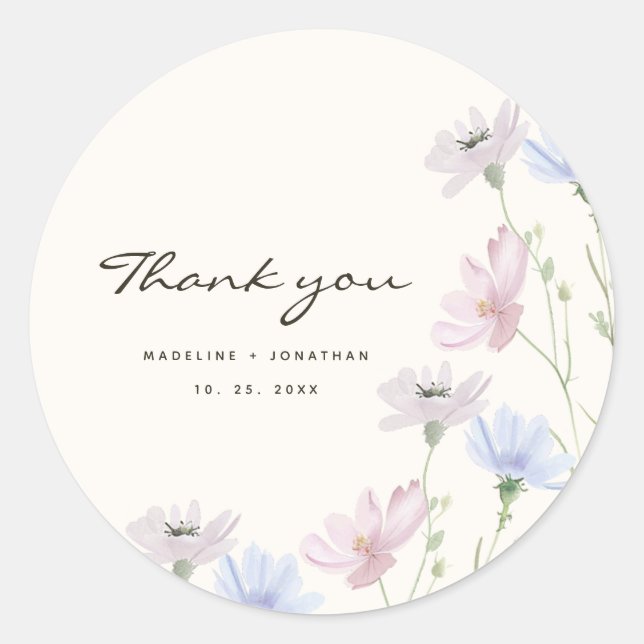 Chic Wildflower Boho Beige Wedding Classic Round Sticker (Front)