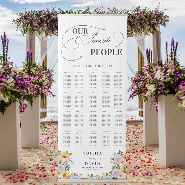 Chic Wildflower Calligraphy Wedding Seating Chart Retractable Banner (Creator Uploaded)