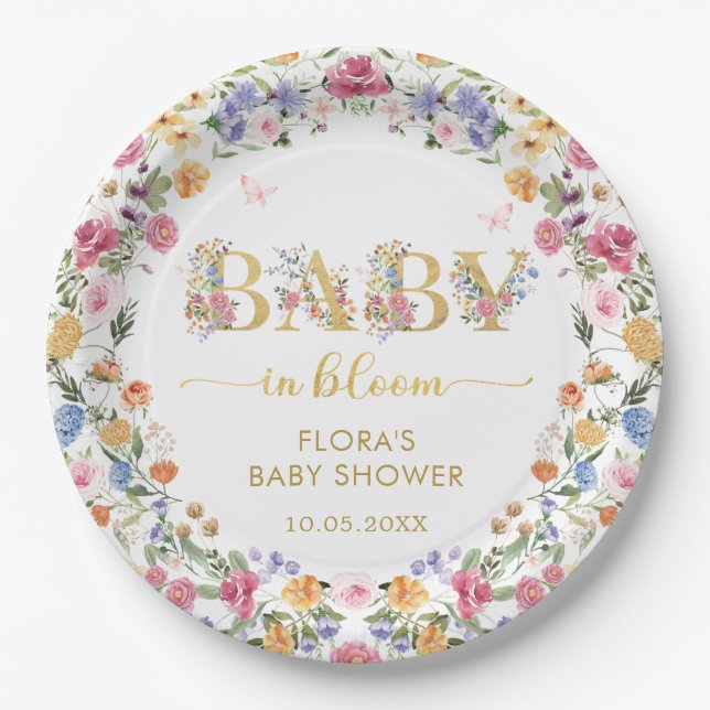 Chic Wildflower Garden Wreath Baby in Bloom Shower Paper Plates (Front)