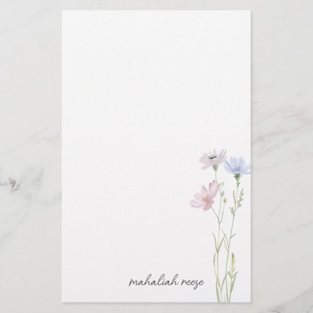 Chic Wildflower Meadow Calligraphy Personalized Stationery (Front)