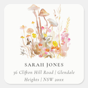 Chic Wildflower Mushroom Autumn Botanical Address Square Sticker