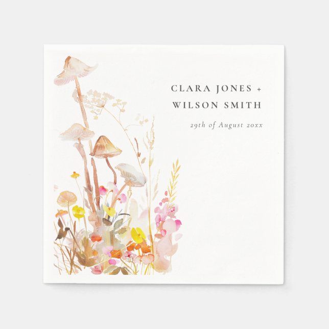 Chic Wildflower Mushroom Autumn Botanical Wedding Napkins (Front)