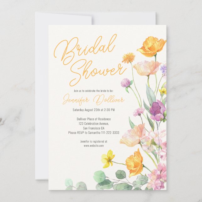 Chic Wildflower Script Bridal Shower Invitation (Front)