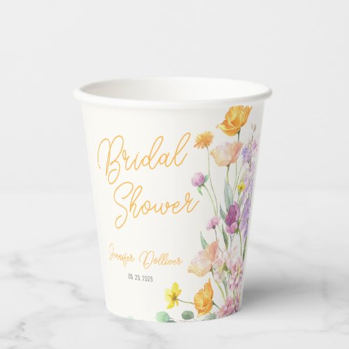 Chic Wildflower Script Bridal Shower Paper Cups