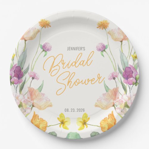 Chic Wildflower Script Bridal Shower Paper Plates
