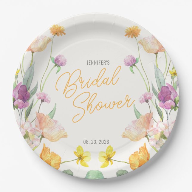 Chic Wildflower Script Bridal Shower Paper Plates (Front)