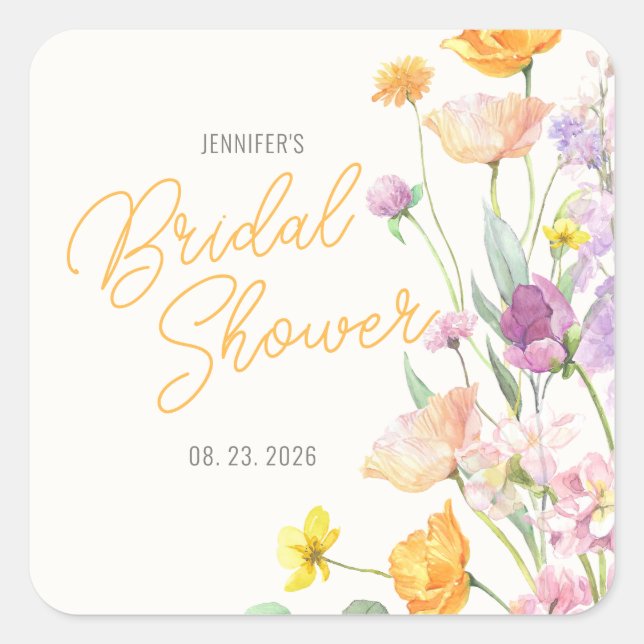 Chic Wildflower Script Bridal Shower Square Sticker (Front)