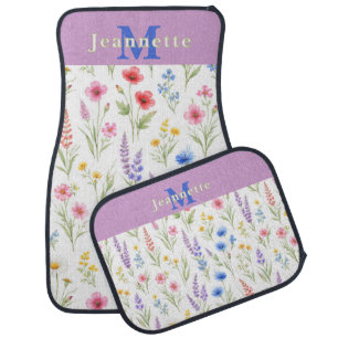 Chic Wildflower Watercolor Floral Monogram Name  Car Floor Mat