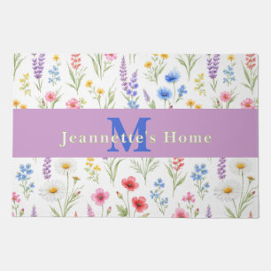 Chic Wildflower Watercolor Floral Monogram Name Doormat