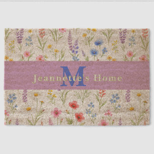 Chic Wildflower Watercolor Floral Monogram Name Fiber Doormat