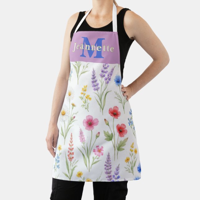 Chic Wildflower Watercolor Monogram Name Apron (Insitu)