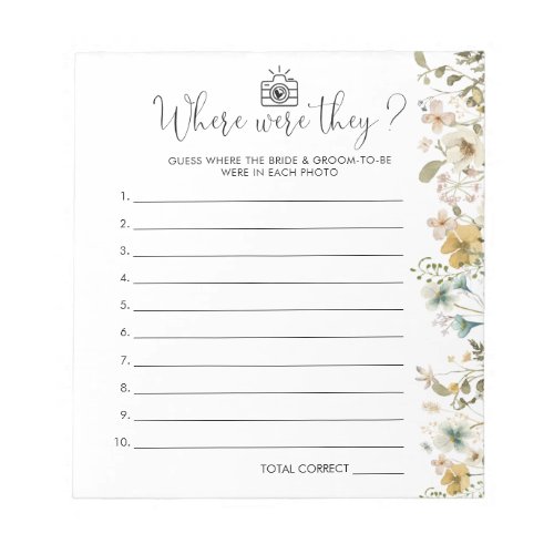 Chic Wildflower Where Were They Bridal Shower Game Notepad