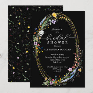 Chic Wildflower Wreath Black Bridal Shower Invitation