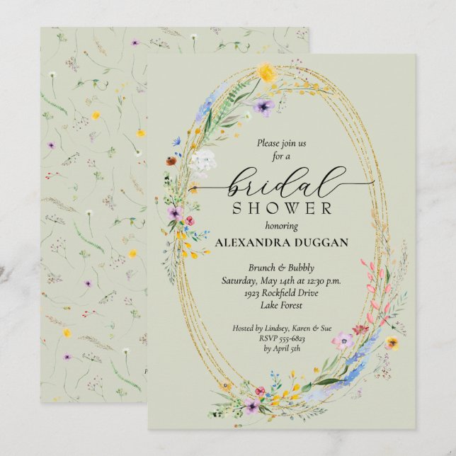 Chic Wildflower Wreath Sage Green Bridal Shower Invitation (Front/Back)
