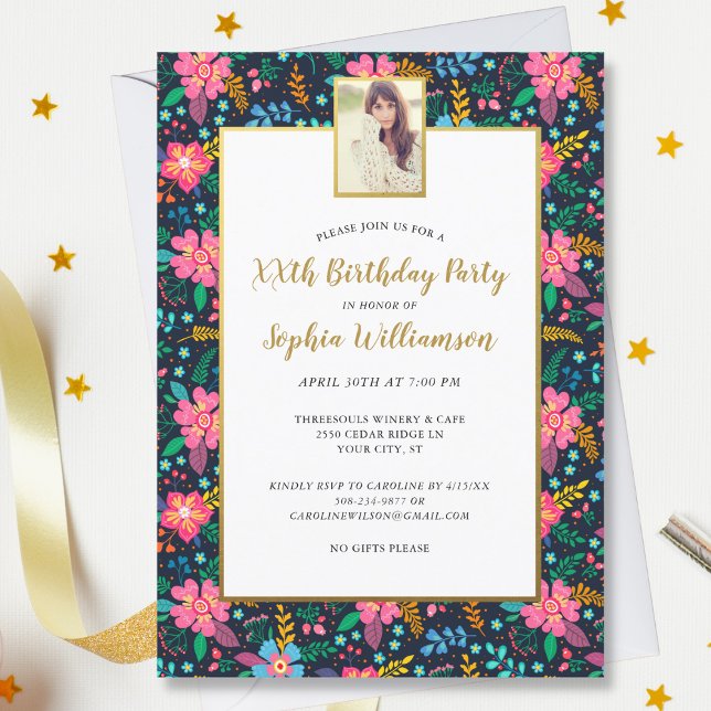 Chic Wildflowers, Any Age Add Photo Birthday Party Invitation (Creator Uploaded)