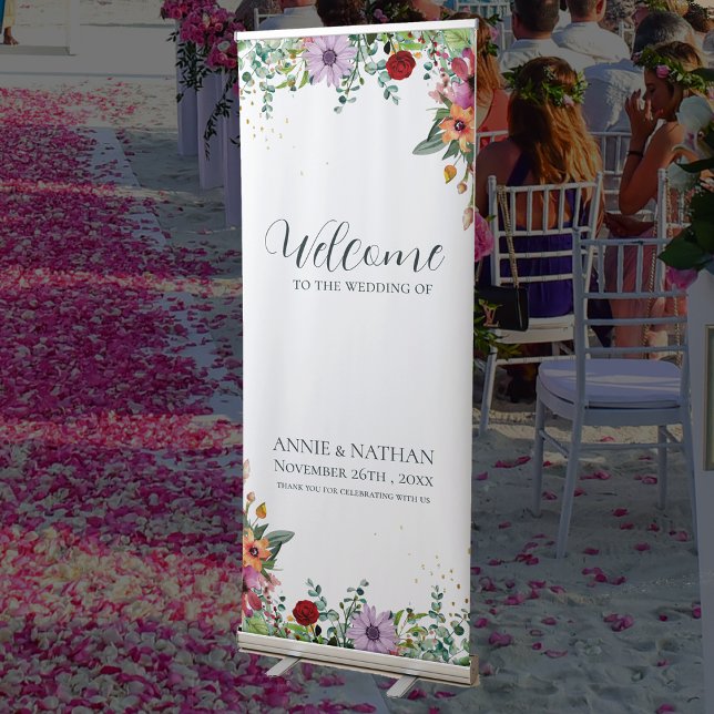 Chic Wildflowers Floral Welcome To The Wedding  Retractable Banner (Chic Wildflowers Floral Welcome To The Wedding Retractable Banner)