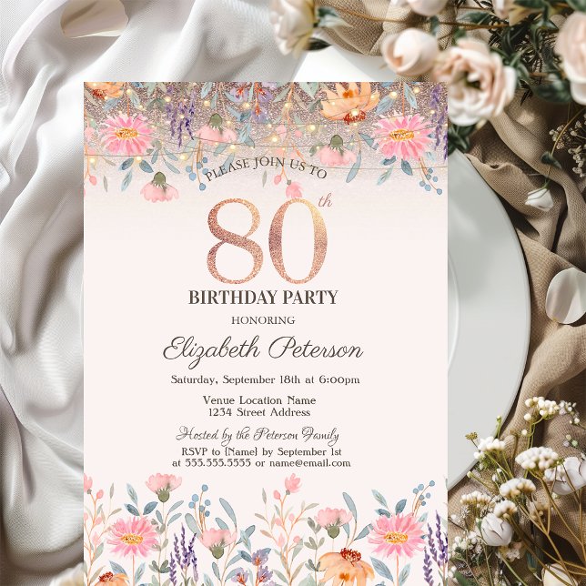 Chic Wildflowers Glitter String Lights 80th  Invitation (Creator Uploaded)