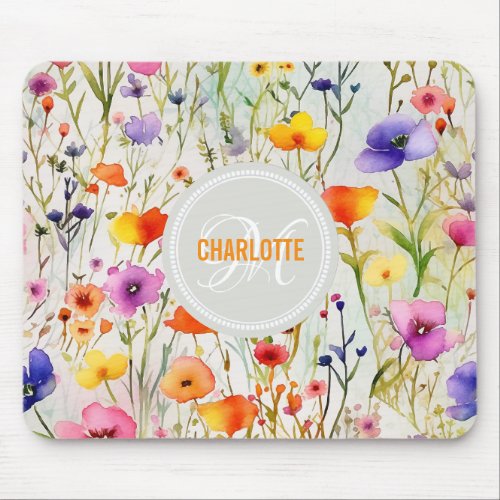Chic wildflowers pattern monogrammed name mouse pad