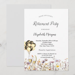Chic Wildflowers Wine Glas Ballons Retirement Invitation