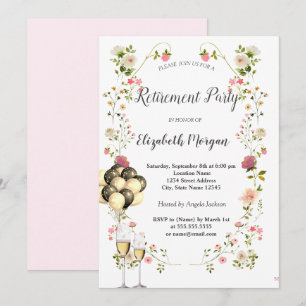 Chic Wildflowers Wine Glass Balloons Retirement Invitation