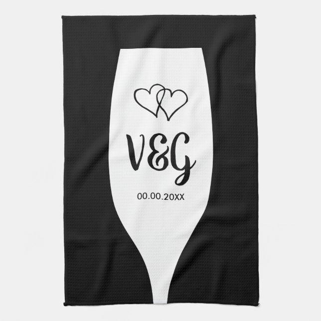Chic wine glass monogram wedding favor kitchen towel (Vertical)