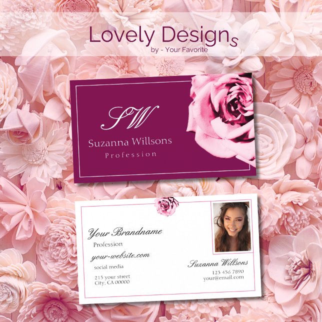 Chic Wine Red and White Pink Rose Initials Photo Business Card (Creator Uploaded)