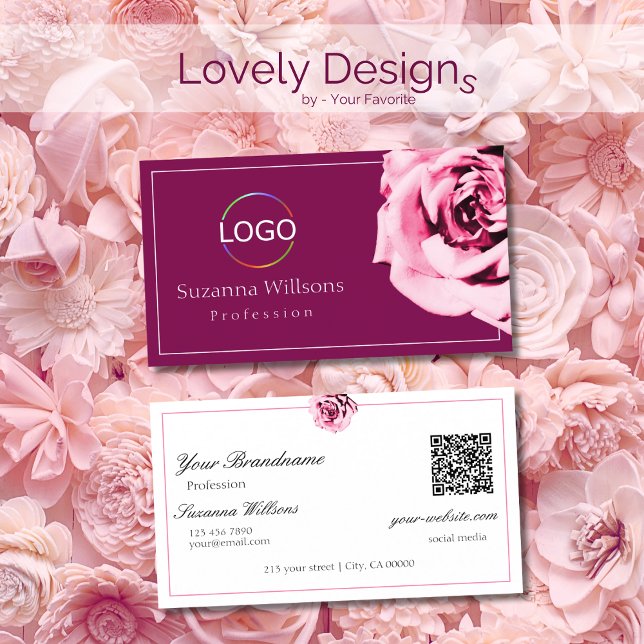 Chic Wine Red and White Pink Rose Logo QR Code Business Card (Creator Uploaded)
