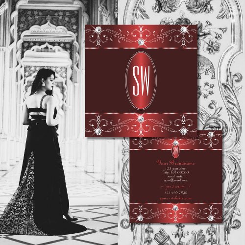 Chic Wine Red Burgundy Ornate Ornaments Monogram Square Business Card