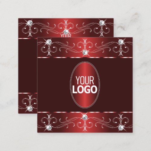 Chic Wine Red Burgundy Ornate Ornaments with Logo Square Business Card