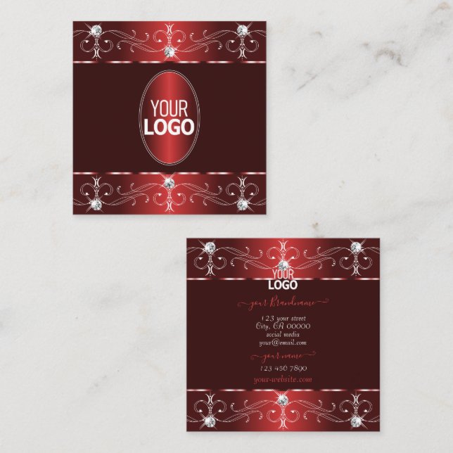 Chic Wine Red Burgundy Ornate Ornaments with Logo Square Business Card (Front/Back)