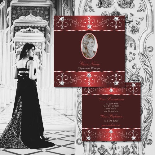 Chic Wine Red Burgundy Ornate Ornaments with Photo Square Business Card