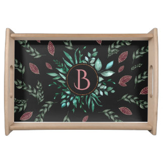 Chic Wine-Red, Green, & Black Botanical Monogram Serving Tray