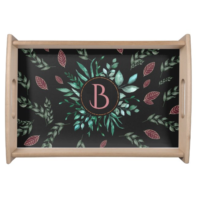 Chic Wine-Red, Green, & Black Botanical Monogram Serving Tray (Front)