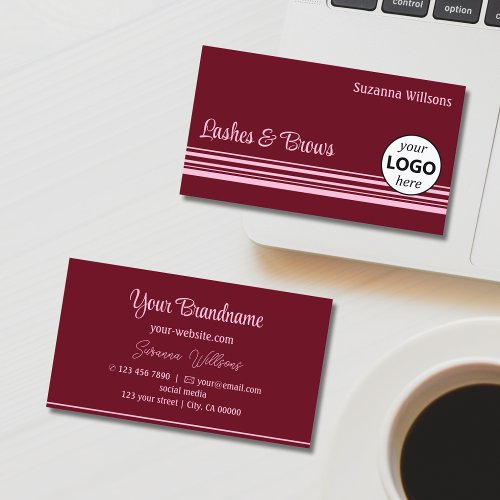 Chic Wine Red Pink Stripes with Logo Professional Business Card