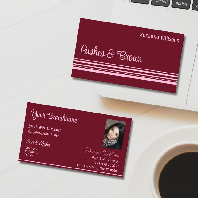 Chic Wine Red Pink Stripes with Photo Professional Business Card (Creator Uploaded)
