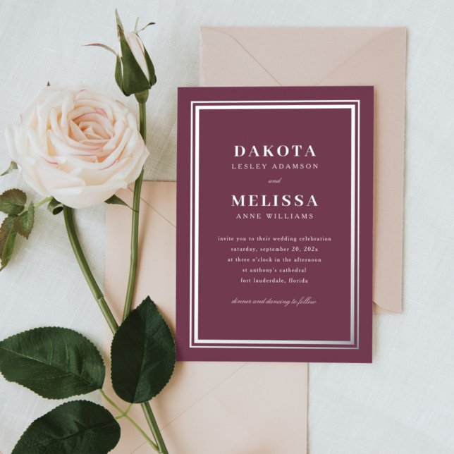 Chic Wine & Silver Modern Elegant Photo Wedding Foil Invitation (Creator Uploaded)