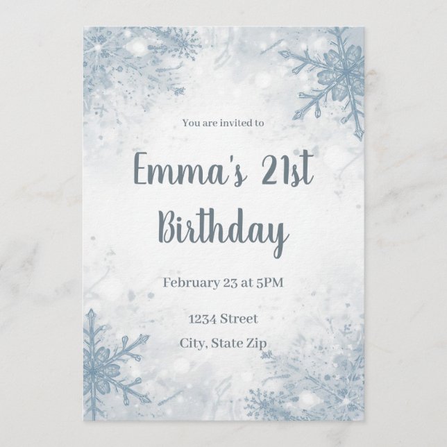 Chic Winter 21st Birthday Invitation – Snowflakes (Front)