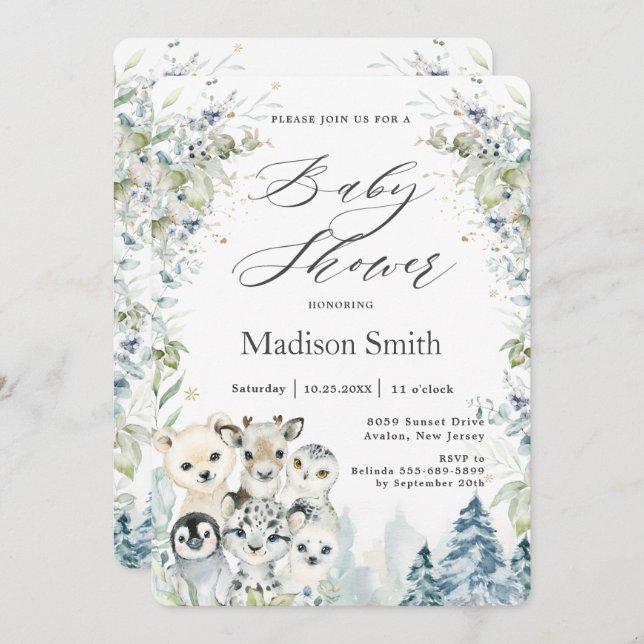 Chic Winter Arctic Animals Baby Shower Neutral Invitation (Front/Back)