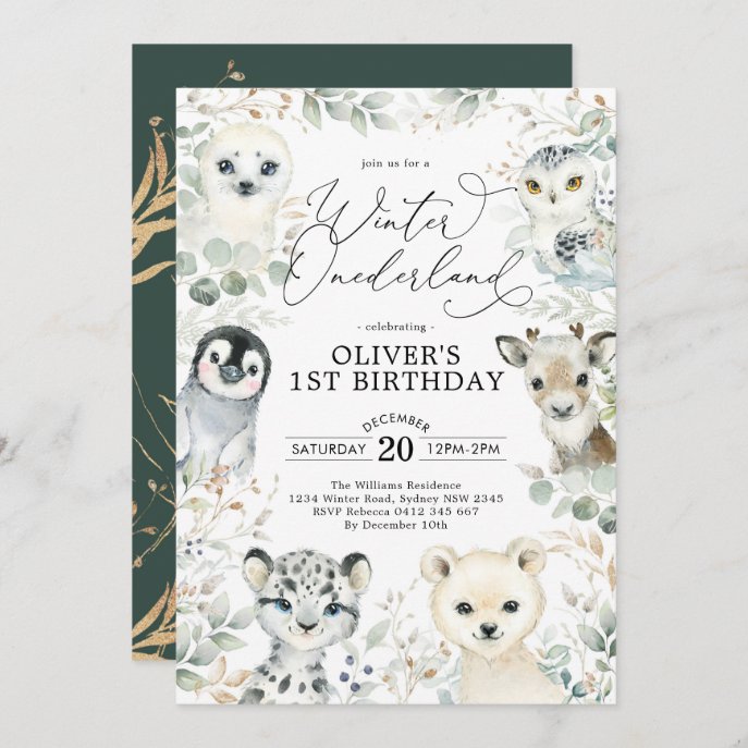 Chic Winter Arctic Animals Onederland 1st Birthday Invitation