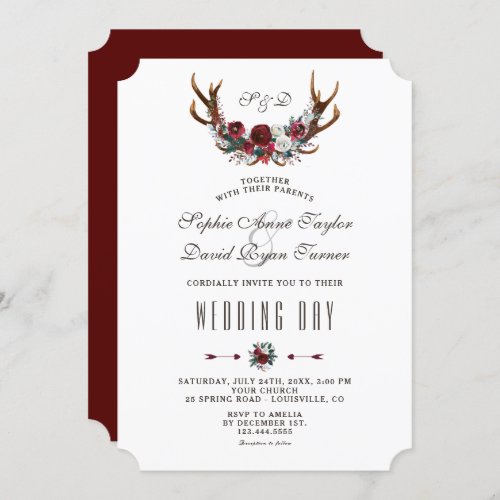 Chic Winter Burgundy Floral Antlers Gold Wedding Invitation