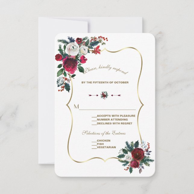 Chic Winter Burgundy Floral Pine Gold Wedding RSVP Card (Front)