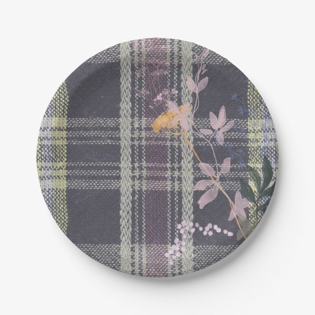 Chic Winter Check Floral Plaid Farmhouse Paper Plates (Front)