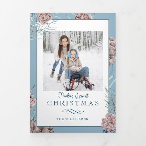 Chic Winter Holiday Pine on Blue Background Tri_Fold Card