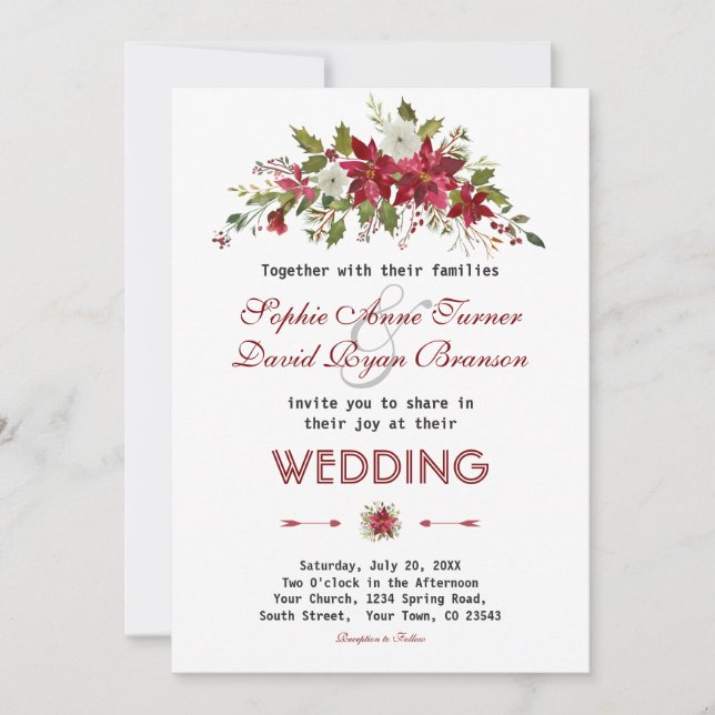 Chic Winter Holiday Poinsettia Wedding Invitation (Front)