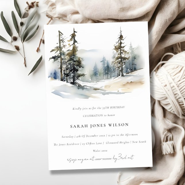 Chic Winter Pine Trees Snow Landscape Birthday Invitation (Creator Uploaded)
