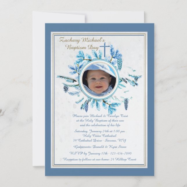 Chic Winter Religious Photo Invitation Blue (Front)