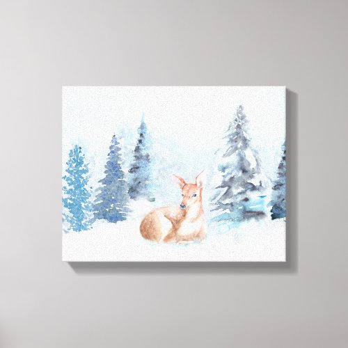 Chic Winter Watercolor Deer in Forest Canvas Print