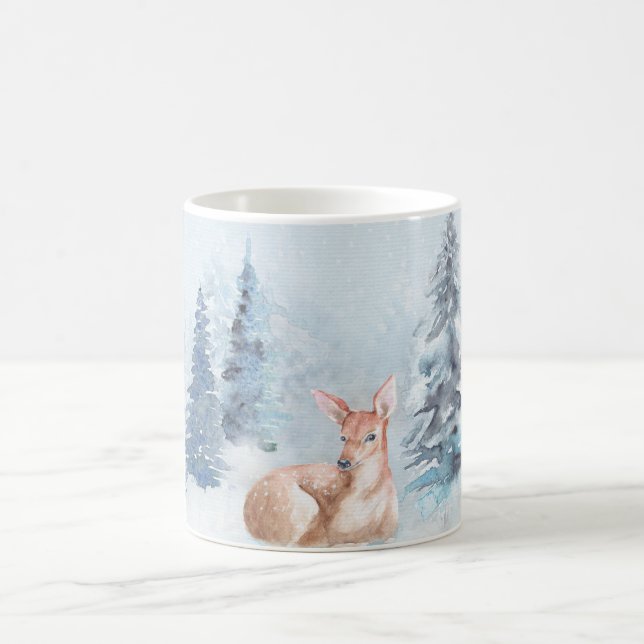 Chic Winter Watercolor Deer in Forest Coffee Mug (Center)