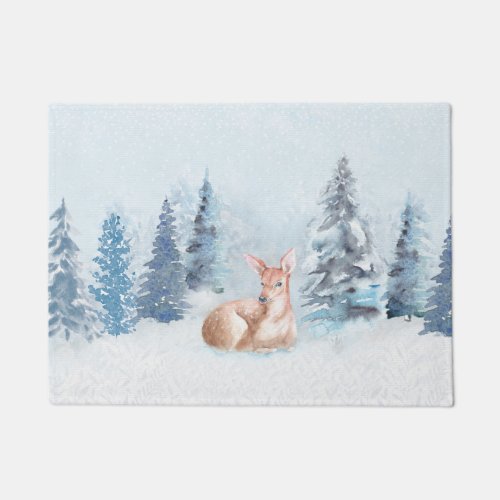 Chic Winter Watercolor Deer in Forest Doormat