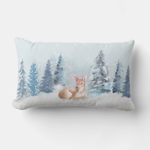 Chic Winter Watercolor Deer in Forest Lumbar Pillow